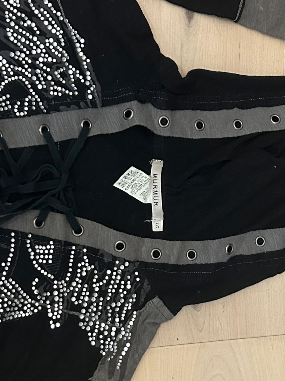 Y2K Mürmür Rhinestone Grommet Color Block Lace Up Hooded Top Grunge Goth S - Picture 9 of 14